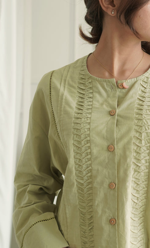 Leaf Green Blouse With Insereted Fine Lace