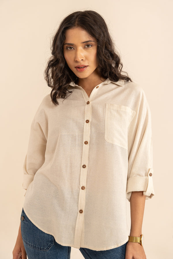 Off White Hand Hand Spun Cotton Oval Shaped Hem Baggie Shirt