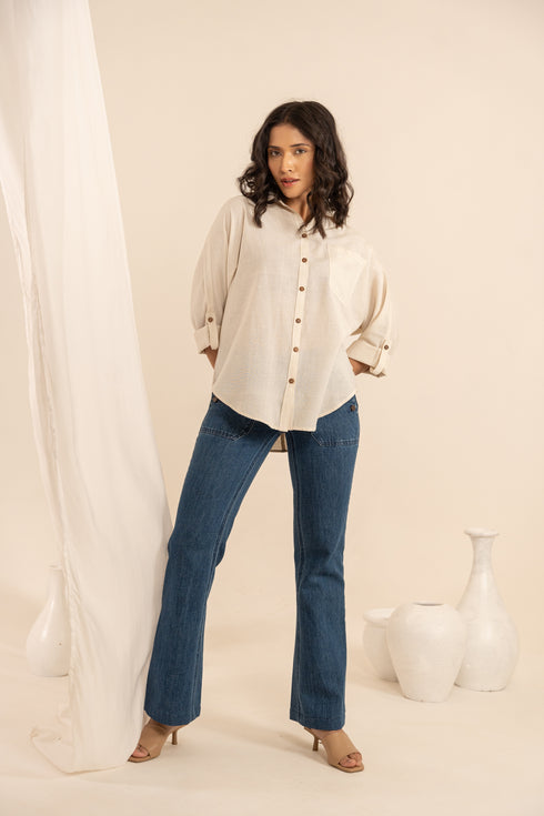 Off White Hand Hand Spun Cotton Oval Shaped Hem Baggie Shirt