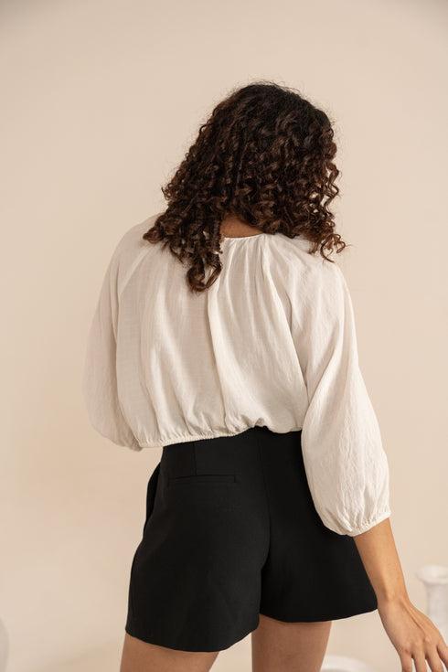 Off White Corn Fabric Gathered Crop Top