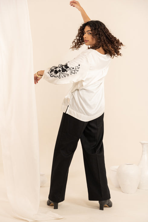 White Milk Fabric Embroidered Puff Sleeves Top