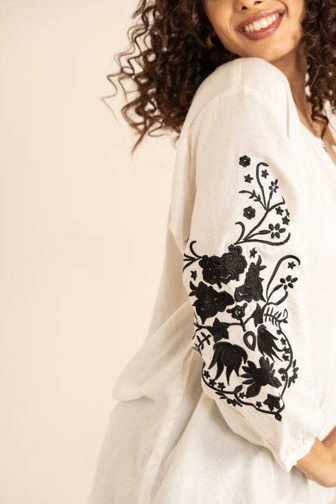 White Milk Fabric Embroidered Puff Sleeves Top