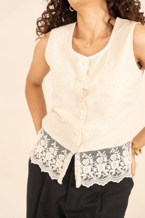 Handspun Cotton Round Neck Lace Top