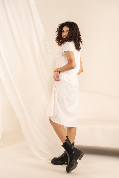 Dream Like Organic Cotton Fabric White Mid Length Dress With Block Printed Roses