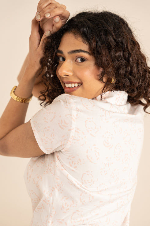 Dream Like Organic Cotton Fabric White Mid Length Dress With Block Printed Roses