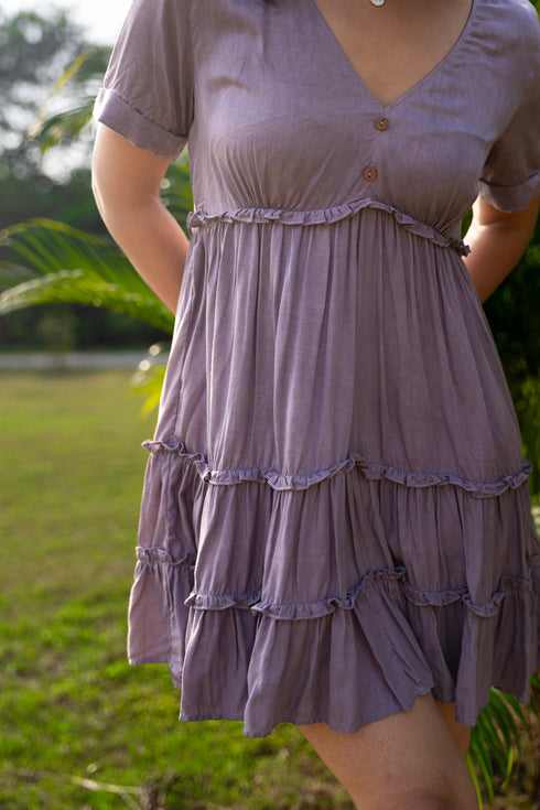 Mauve Hand Dyed Lotus Fabric Multilayered Gathered Dress