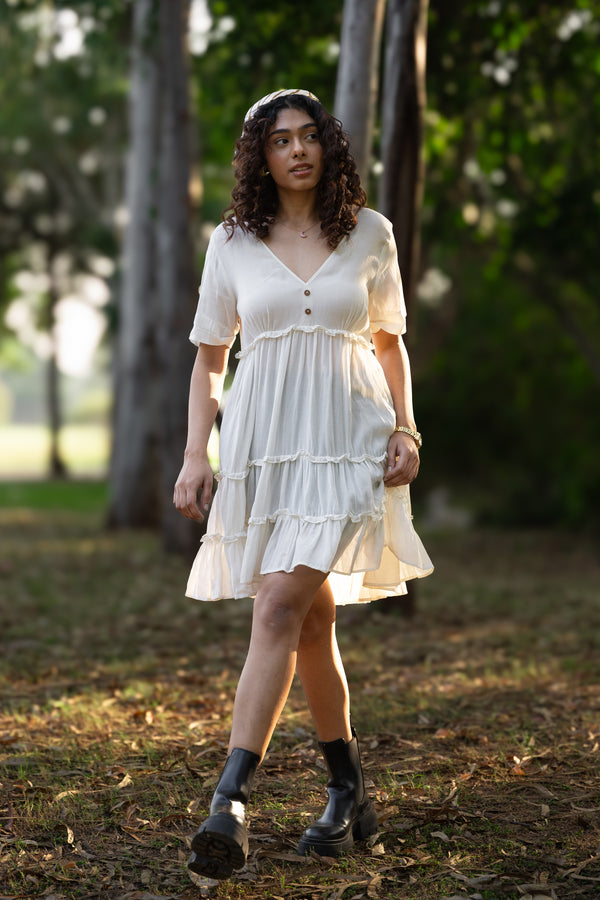 Off White Lotus Fabric Multilayered Gathered Dress