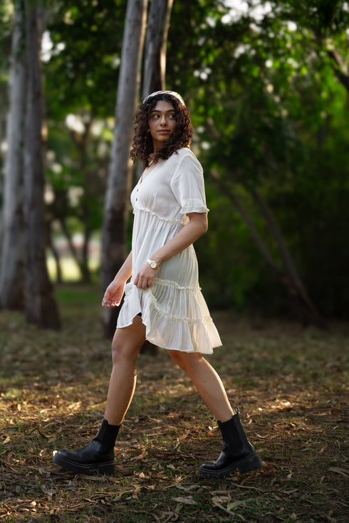 Off White Lotus Fabric Multilayered Gathered Dress