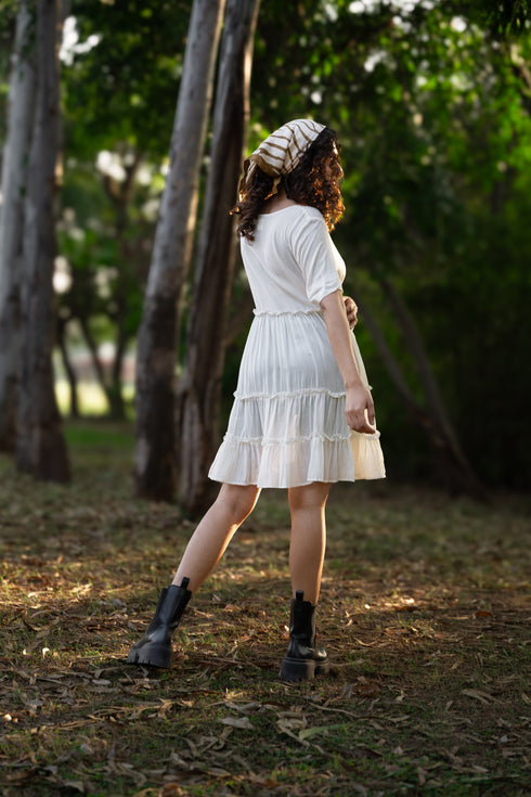 Off White Lotus Fabric Multilayered Gathered Dress