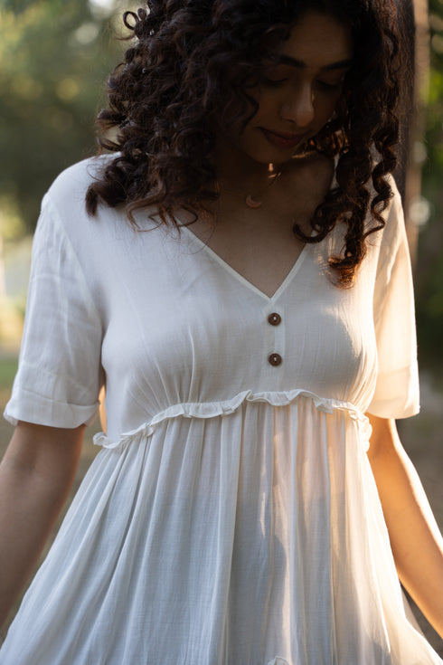 Off White Lotus Fabric Multilayered Gathered Dress