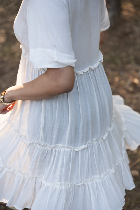 Off White Lotus Fabric Multilayered Gathered Dress