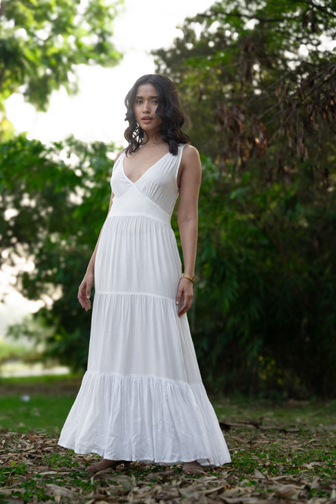 Off White Milk Fabric Multilayered Gathered Dress