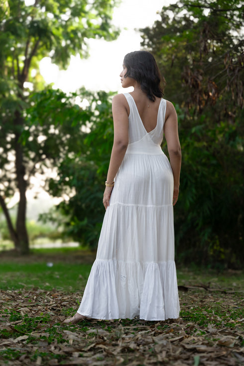 Off White Milk Fabric Multilayered Gathered Dress