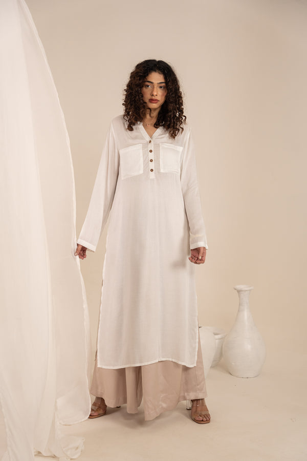 Off White Milk Fabric Long Kurta