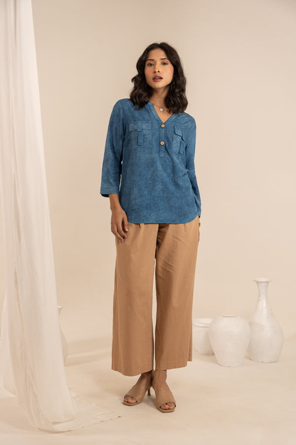Indigo Blue Hand Dyed Bamboo Fabric Oval Shaped Hem Shirt