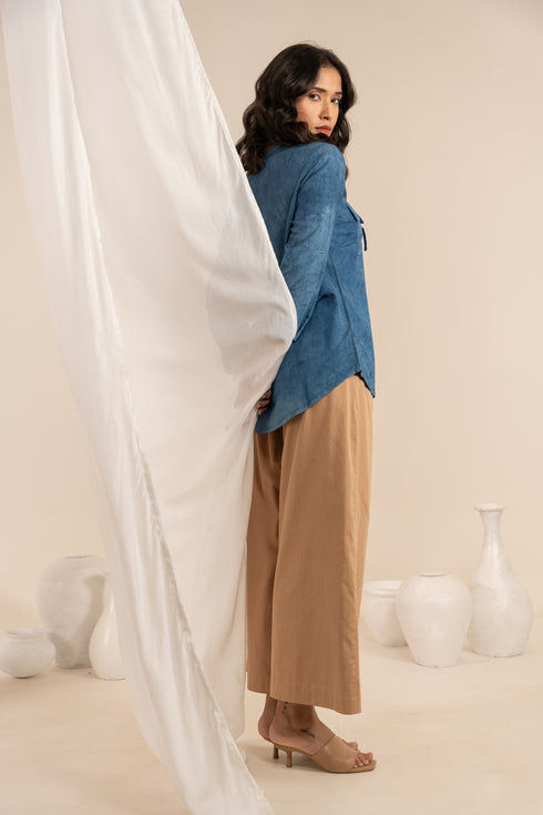 Indigo Blue Hand Dyed Bamboo Fabric Oval Shaped Hem Shirt