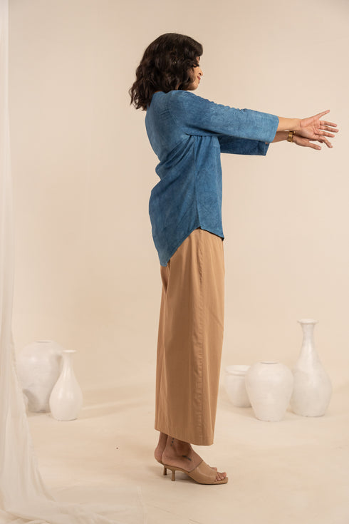 Indigo Blue Hand Dyed Bamboo Fabric Oval Shaped Hem Shirt