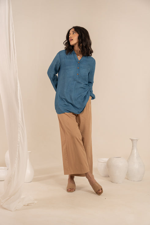 Indigo Blue Hand Dyed Milk Fabric Oval Shaped Hem Short Kurta