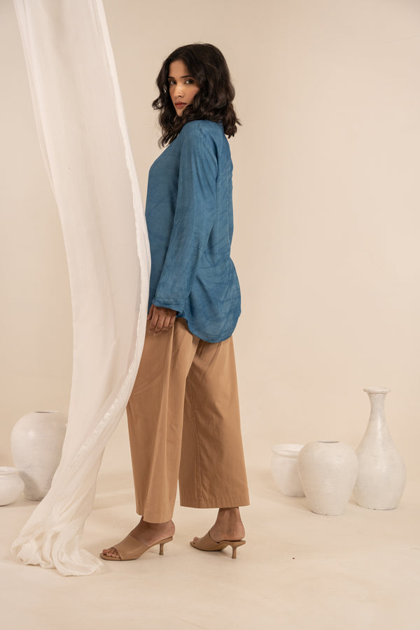 Indigo Blue Hand Dyed Milk Fabric Oval Shaped Hem Short Kurta