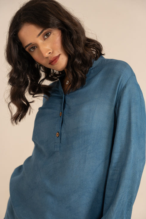 Indigo Blue Hand Dyed Milk Fabric Oval Shaped Hem Short Kurta