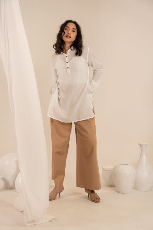 Off White Bamboo Fabric Full Sleeves Short Kurta