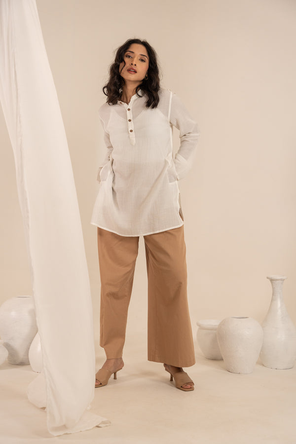 Off White Bamboo Fabric Full Sleeves Short Kurta