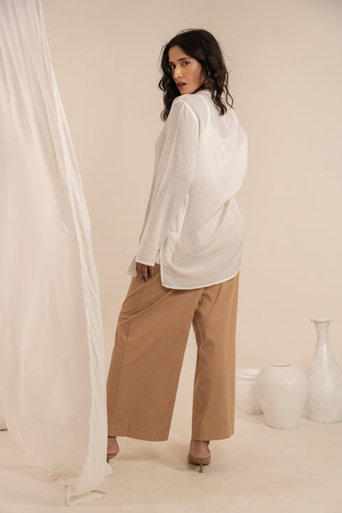 Off White Bamboo Fabric Full Sleeves Short Kurta