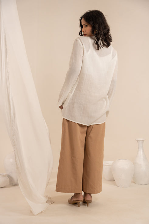 Off White Bamboo Fabric Full Sleeves Short Kurta