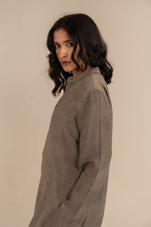 Charcoal Black Hand Dyed Bamboo Fabric Full Sleeves Short Kurta