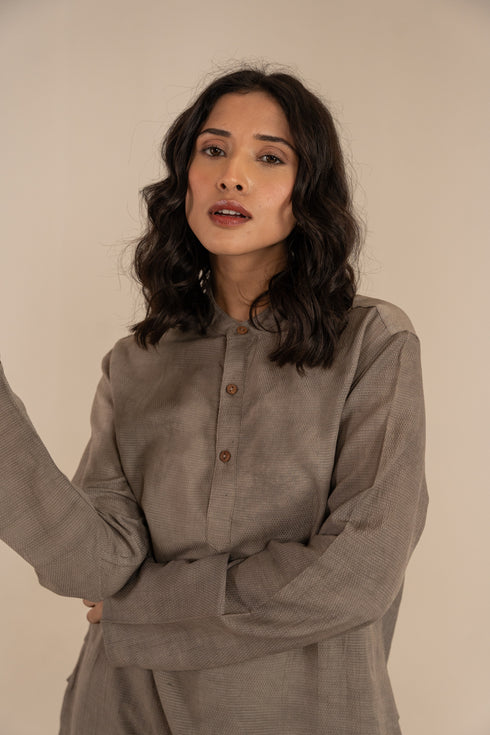 Charcoal Black Hand Dyed Bamboo Fabric Full Sleeves Short Kurta