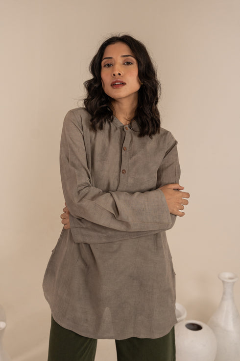 Charcoal Black Hand Dyed Bamboo Fabric Full Sleeves Short Kurta