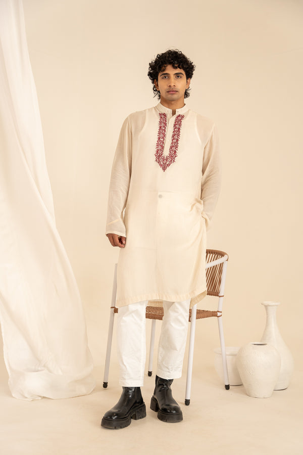 Orange Embroidered Regular Fit Full Sleeves Kurta