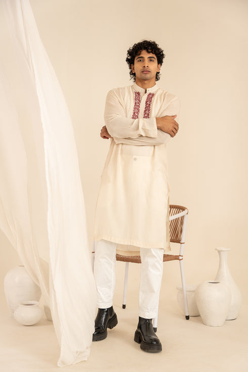 Orange Embroidered Regular Fit Full Sleeves Kurta