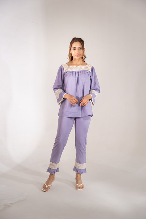Lace Trimmed Organic Cotton Lilac Lavander Pyjamas Set