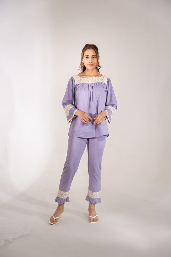 Lace Trimmed Organic Cotton Lilac Lavander Pyjamas Set
