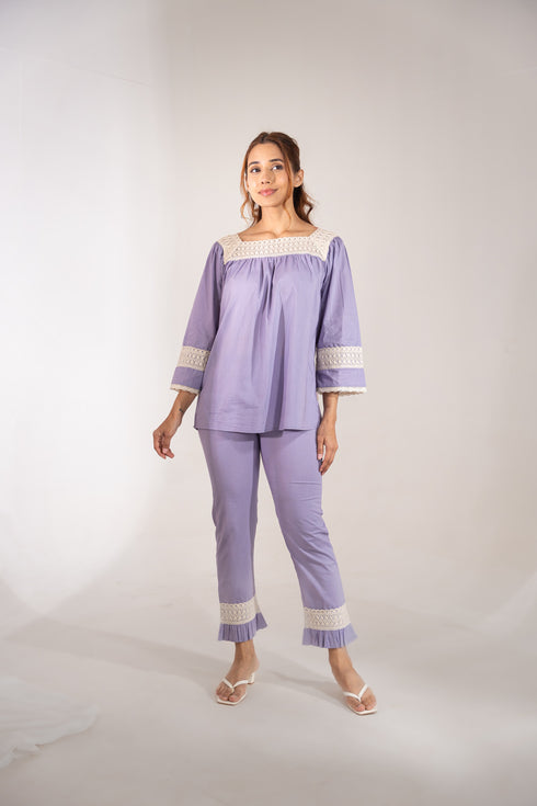 Lace Trimmed Organic Cotton Lilac Lavander Pyjamas Set