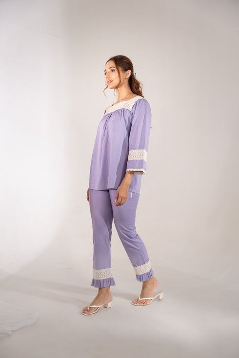 Lace Trimmed Organic Cotton Lilac Lavander Pyjamas Set