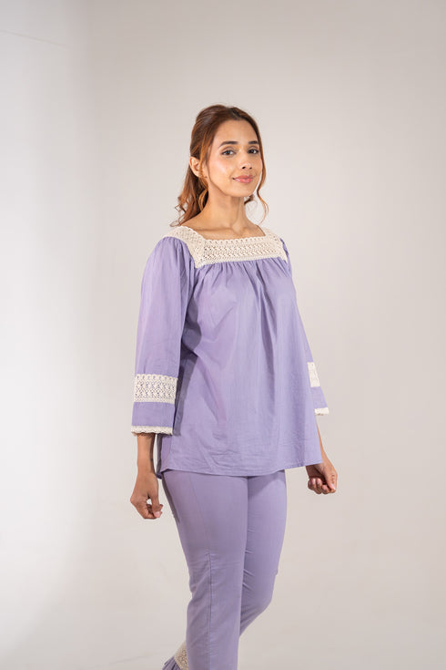 Lace Trimmed Organic Cotton Lilac Lavander Pyjamas Set
