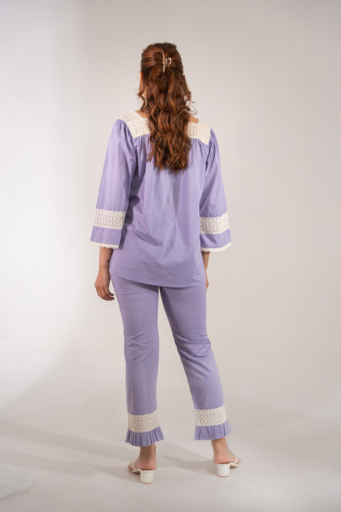 Lace Trimmed Organic Cotton Lilac Lavander Pyjamas Set