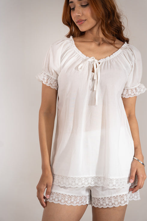 Lace Trimmed Organic Cotton White Short Pyjamas Set