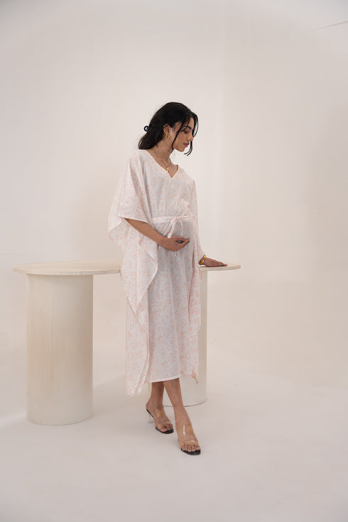 Organic Cotton White Fabric Mid Length Maternity Kaftan With Block Printed Roses
