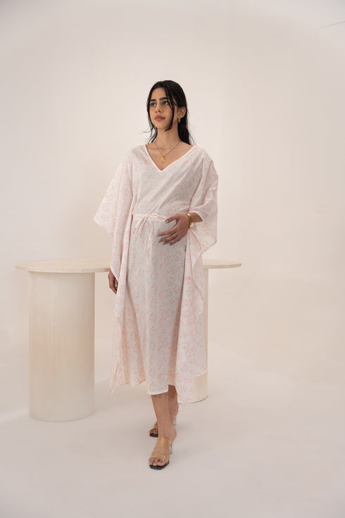 Organic Cotton White Fabric Mid Length Maternity Kaftan With Block Printed Roses