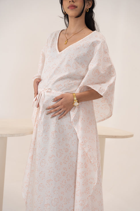 Organic Cotton White Fabric Mid Length Maternity Kaftan With Block Printed Roses