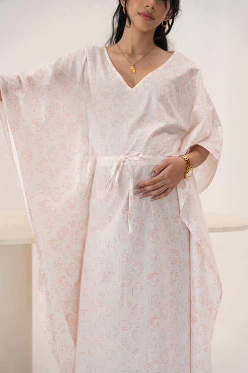 Organic Cotton White Fabric Mid Length Maternity Kaftan With Block Printed Roses