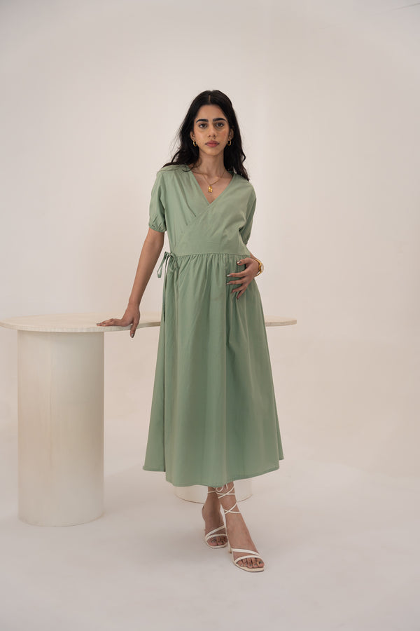 Organic Cotton Wrap Around Saga Green Mid Length Maternity Dress