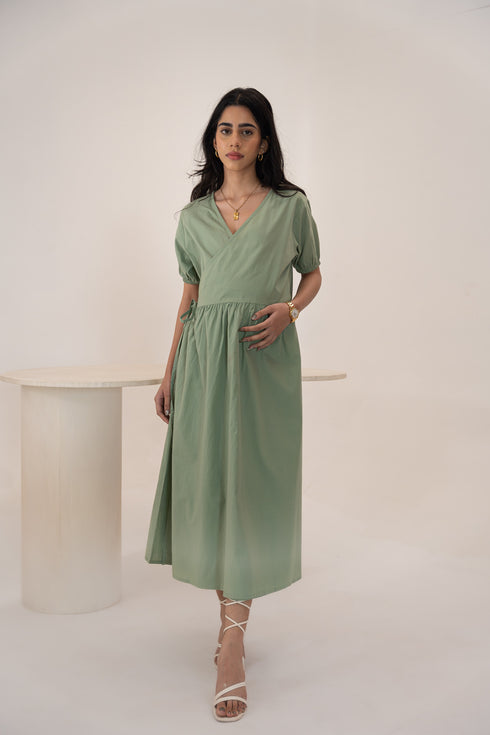 Organic Cotton Wrap Around Saga Green Mid Length Maternity Dress