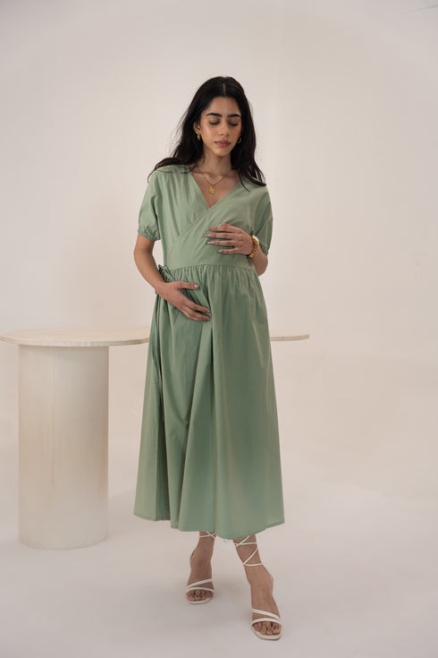 Organic Cotton Wrap Around Saga Green Mid Length Maternity Dress