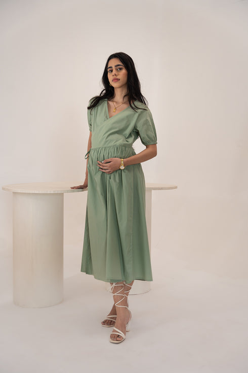 Organic Cotton Wrap Around Saga Green Mid Length Maternity Dress