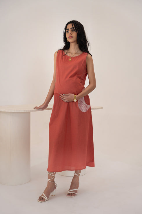 Organic Cotton Madder Brick Fabric Patch Pockets Maternity Dress