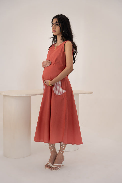 Organic Cotton Madder Brick Fabric Patch Pockets Maternity Dress